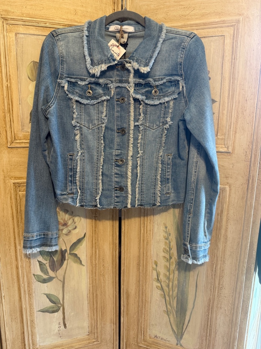 Frayed Edge Light Blue Denim Jacket with Chest Pockets small designer from UK